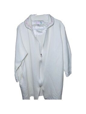 Vintage‎ Moon Dance White Quilted Robe Zip Pink Embroidered Collar Grannycore L